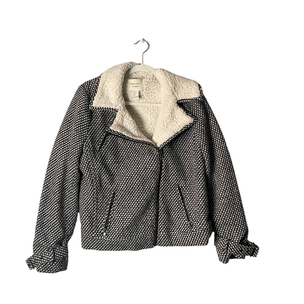 Forever 21 Sherpa Lined Houndstooth Patterned Wool Blend Zip Up Jacket Coat Lg - Picture 2 of 8